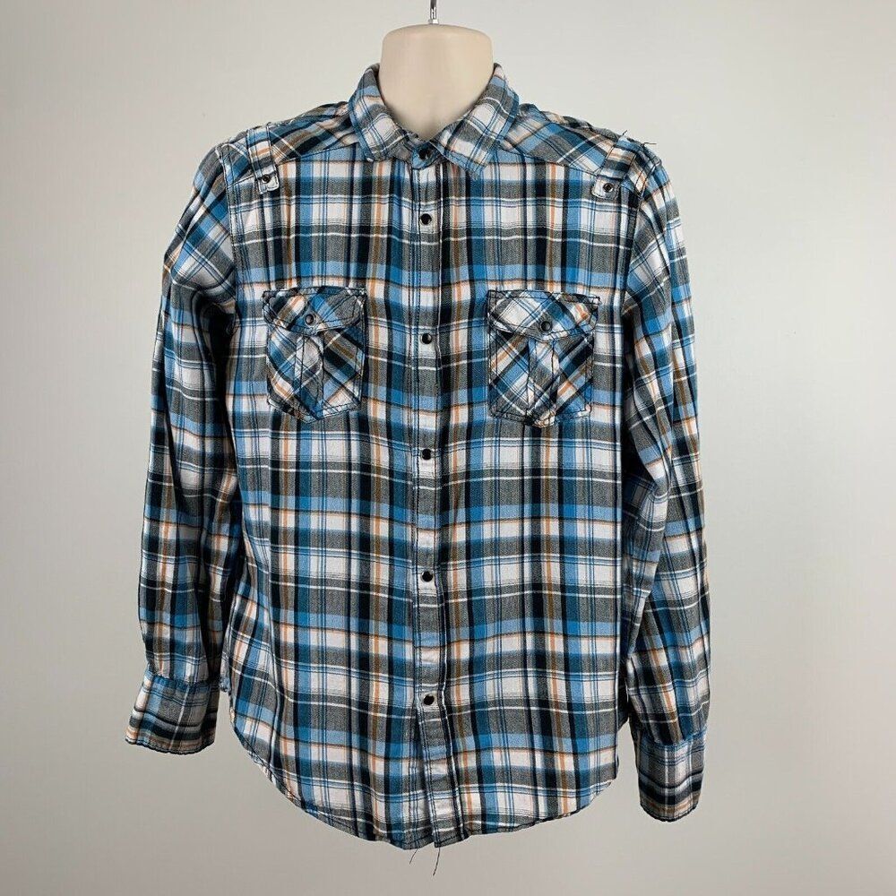 Pop Icon Clothing BKE L Shirt Pearl Snap Plaid Blue Flannel Pockets